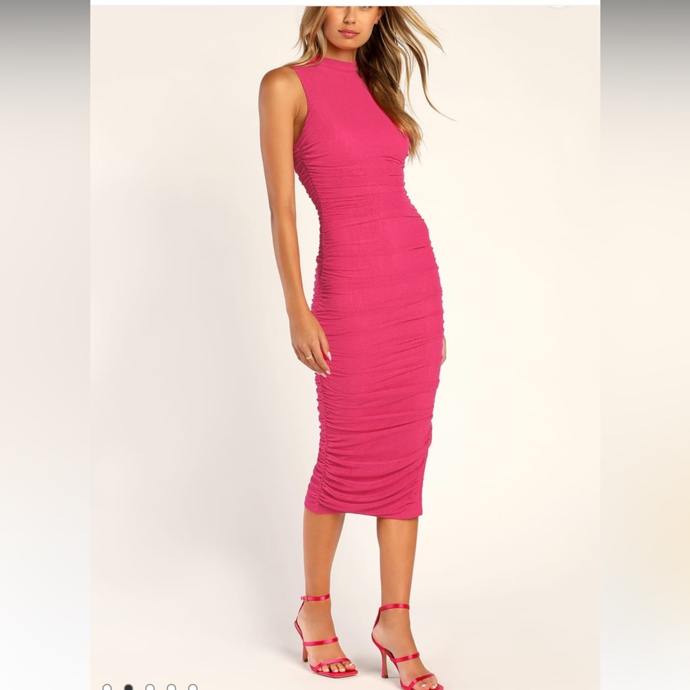 Thriving Time Hot Pink Ruched Mesh Bodycon Midi Dress